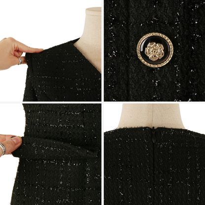 Pearl-Mix Tweed A-Line Dress with V-Neck and Decorative Flap Pockets