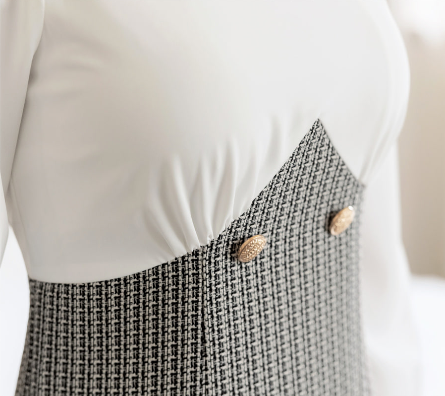 Tie-Neckline Blouse Layered Tweed Dress