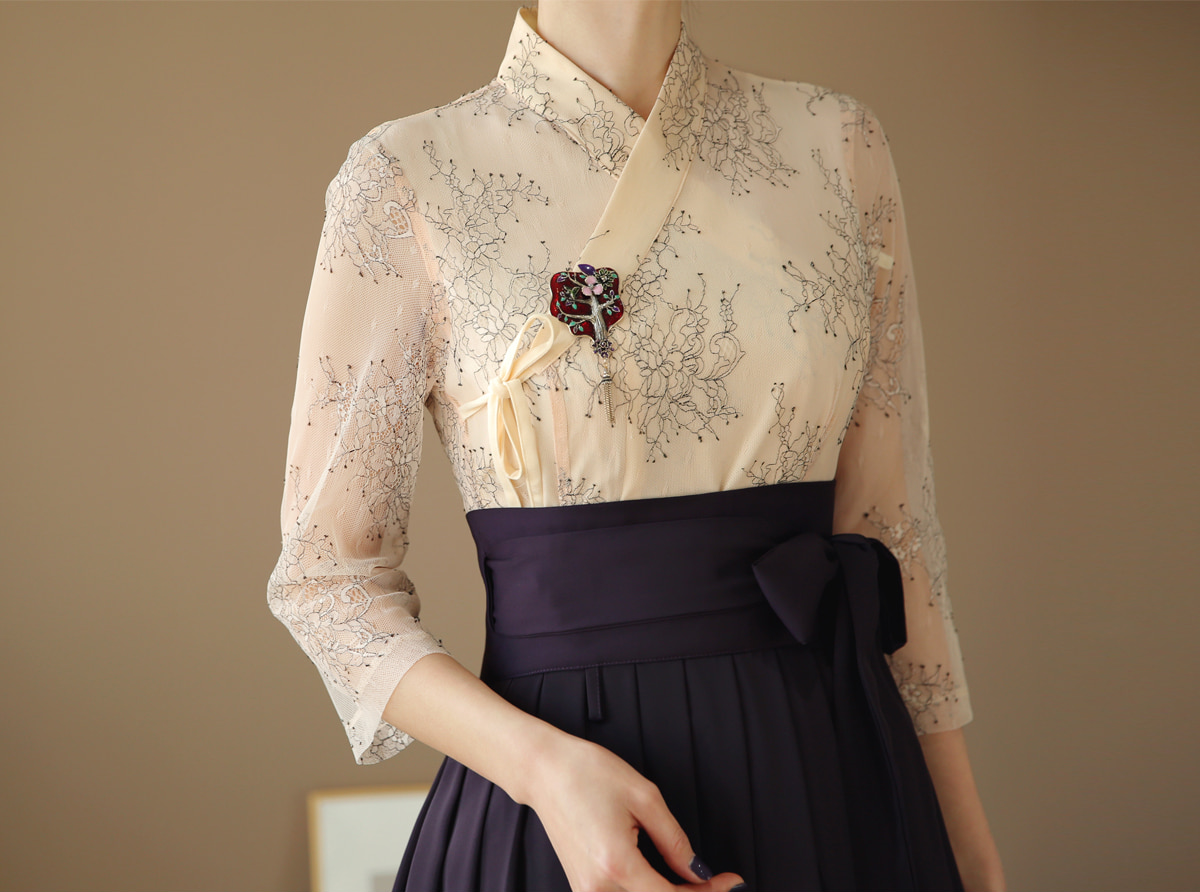 Feminine Floral Lace Modern Hanbok Wrap Dress