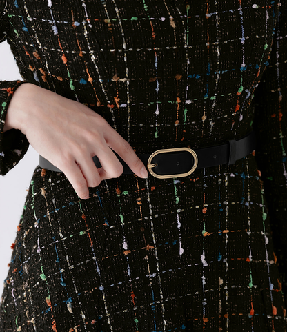 Elegant Tweed Flare Dress with Belted Waist and Gold‑Thread Detail