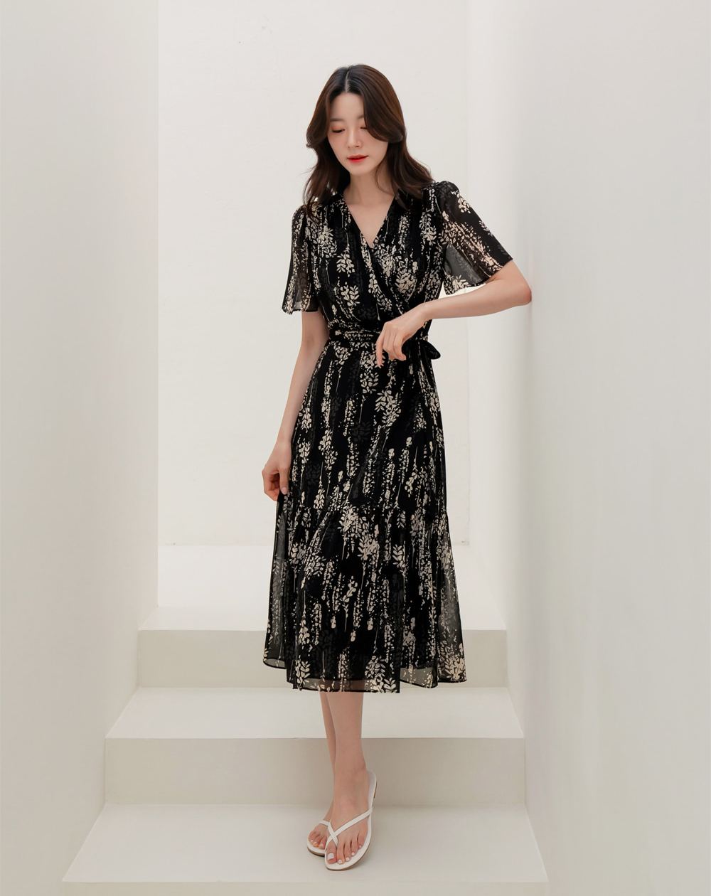 Airy Floral Chiffon Dress with a Softly Defined Wrap Waist