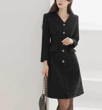 Pearl-Mix Tweed A-Line Dress with V-Neck and Decorative Flap Pockets