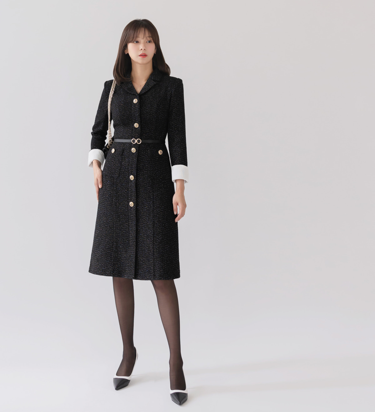 Tailored Silhouette Tweed Dress with Cufflink Detail