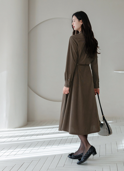 Corduroy A-Line Shirt Dress with Pin-Tuck and Contrast Details