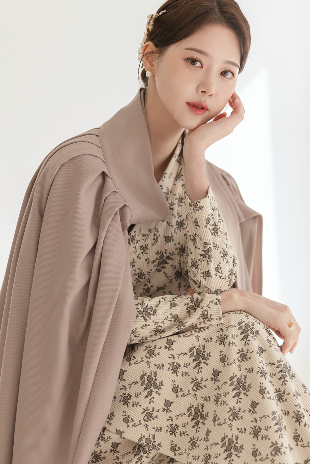 Floral Pattern Corduroy Modern Hanbok Wrap Dress