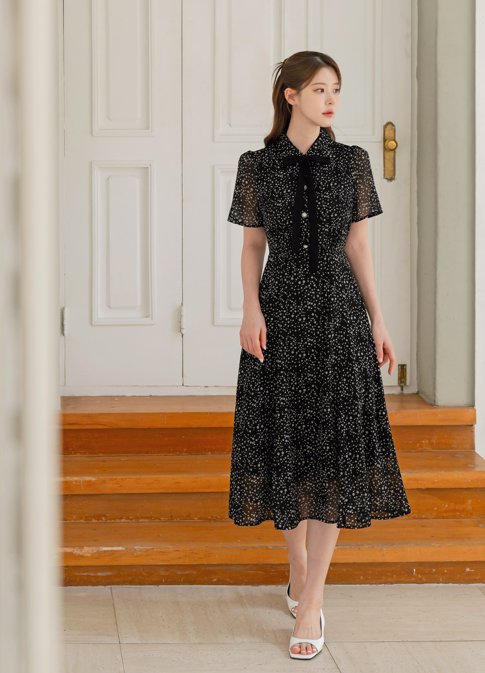Romantic Chiffon Tie-Neck Dress with Graceful Dot Print