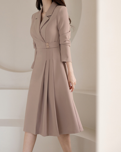 Half Pleated Midi Dress with Waist Button Detail – Elegant Korean Formal Dress for Special Occasions