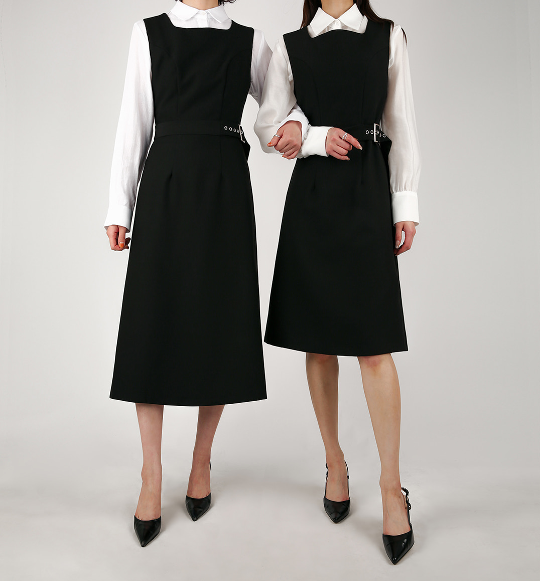 Square‑Neck Sleeveless A-Line Dress with Eyelet Buckle and Belted Waist