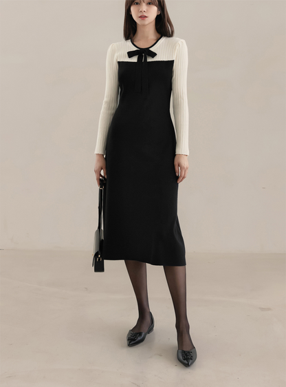 Ivory and Black Color-Blocked Knit Dress