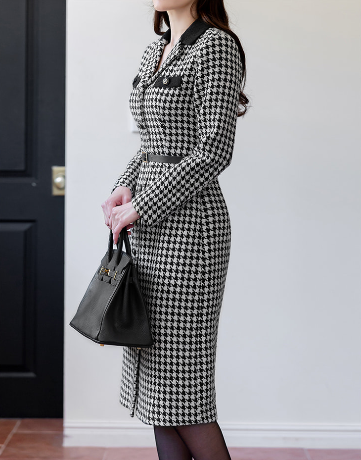 Houndstooth Pattern Tweed Dress with Tailored Collar