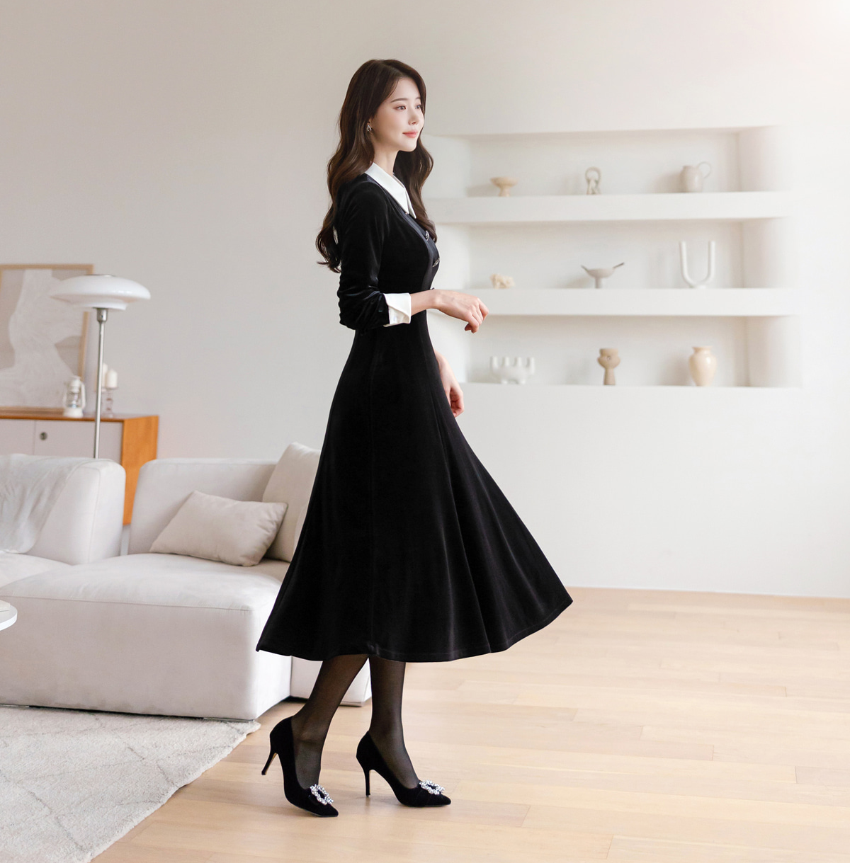 Velvet Flare Dress with Jewelry Buttons, White Collar & Cuffs