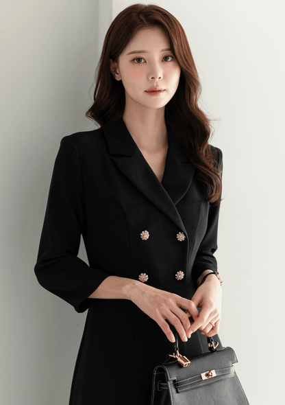 Classic black flare dress with collar and double-breasted buttons