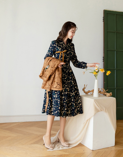 Brushed Fleece Modern Hanbok Wrap Dress with All-Over Small Floral Print