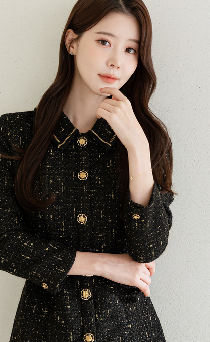 Luxury Tweed Dress with Gold‑Chain Detailing and Removable Belt