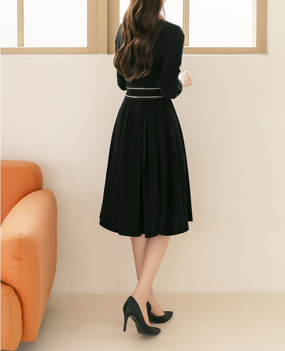 Black Flare Dress with Lace-Trimmed Collar and Enamel Button Detail
