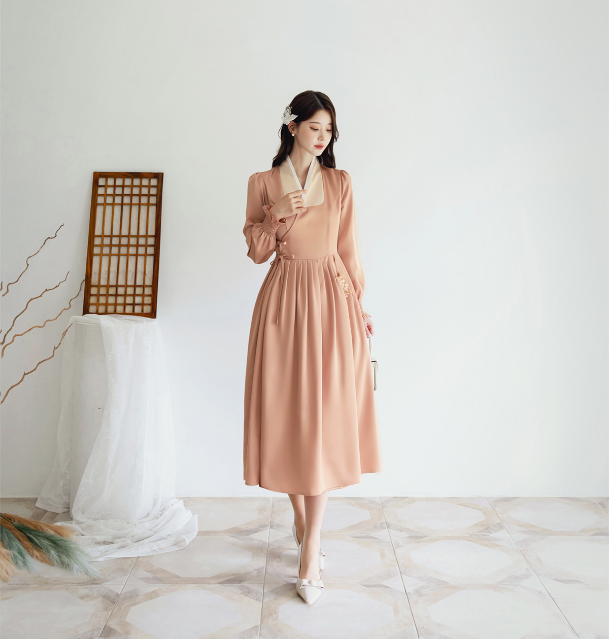 Elegant Modern Hanbok Wrap Dress with Contrasting Collar