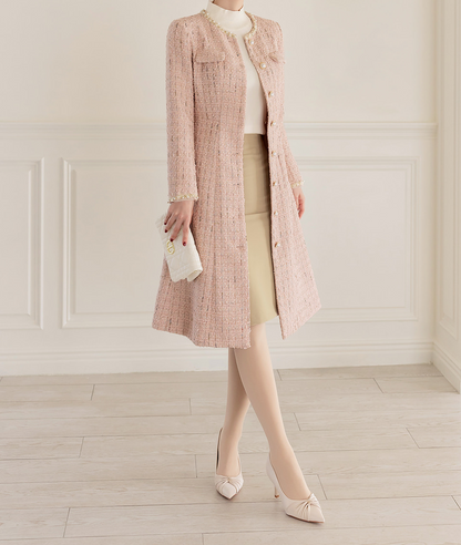 Elegant Long Tweed Jacket with Pearl Trimming