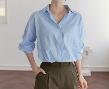 Women's Cotton One-Pocket Loose Fit Collar Shirt