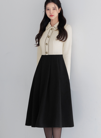 Elegant Two-tone Contrast Tweed Dress with Belt