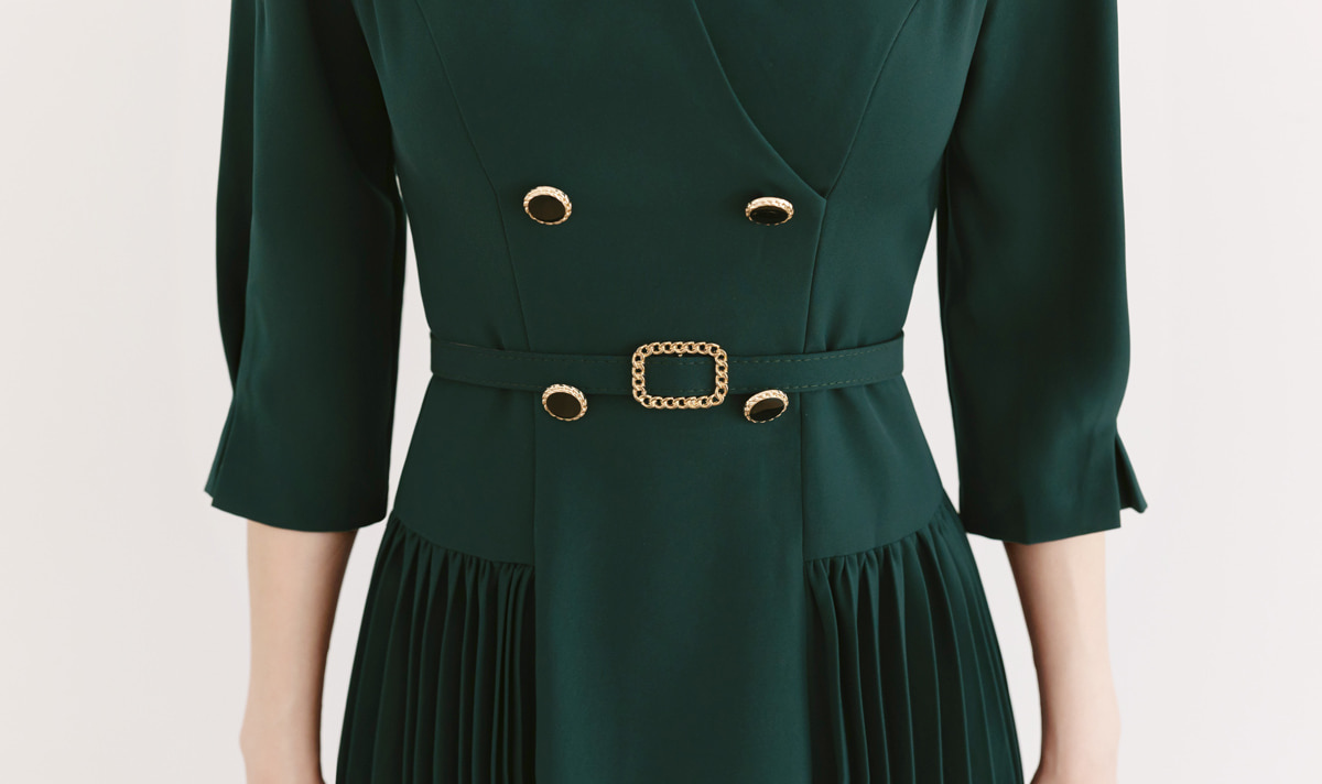 Elegant Double Buttoned Belted Dress with Side Pleats