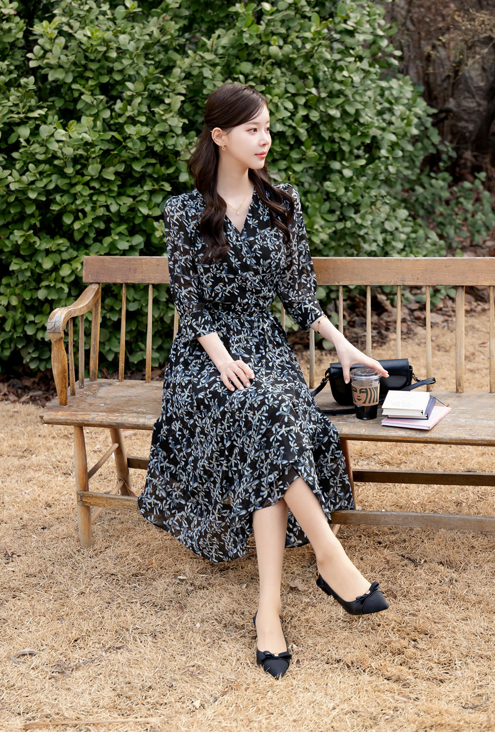 Romantic Floral Chiffon Wrap Dress with Sheer Three-Quarter Sleeves