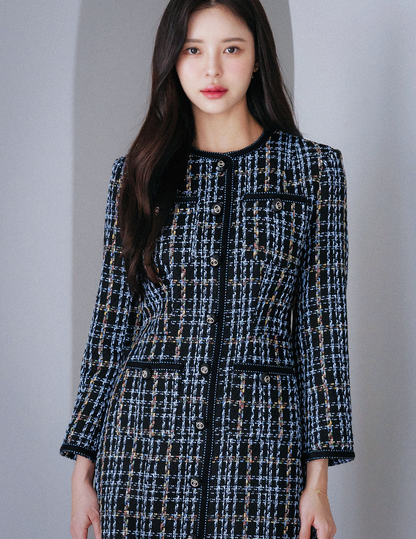 Elegant Contrast Tweed Dress Black