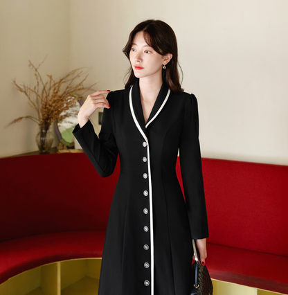 Flare Dress with Small Shawl Collar, Contrast Trim, and Button-Front Closure