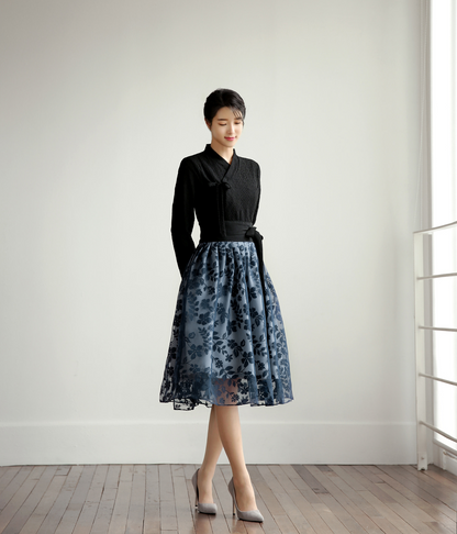 Punched Lace Modern Hanbok Blouse in Black