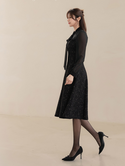 Elegant Tweed Dress with Sheer Tie-Neck Overlay