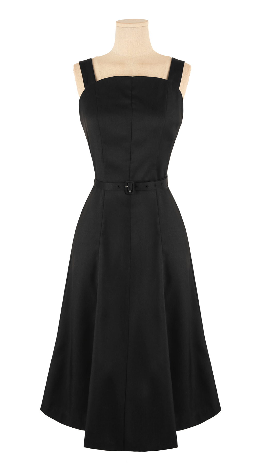 Modern Sleeveless Black Dress with Waist Belt and Side Pockets