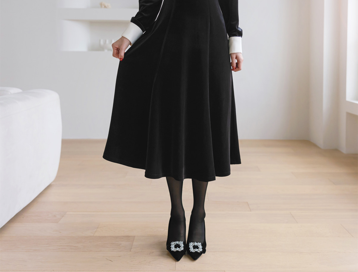 Velvet Flare Dress with Jewelry Buttons, White Collar & Cuffs