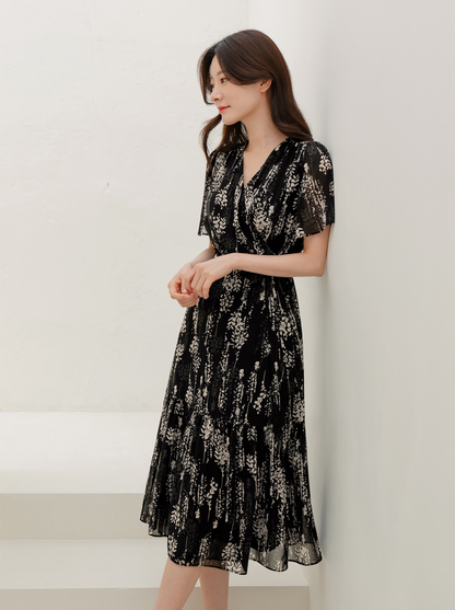Airy Floral Chiffon Dress with a Softly Defined Wrap Waist