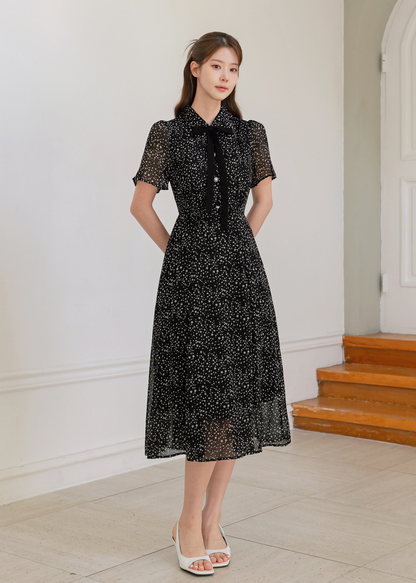 Romantic Chiffon Tie-Neck Dress with Graceful Dot Print