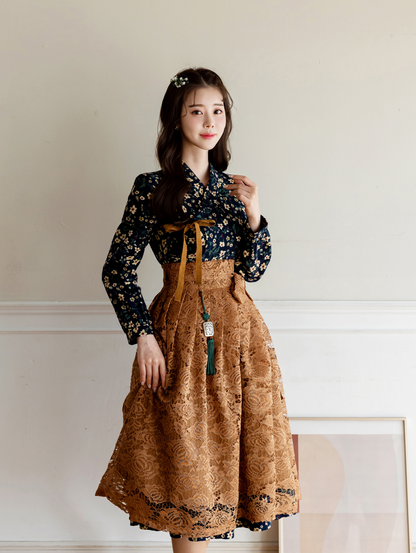 Brushed Fleece Modern Hanbok Wrap Dress with All-Over Small Floral Print