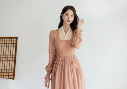 Elegant Modern Hanbok Wrap Dress with Contrasting Collar