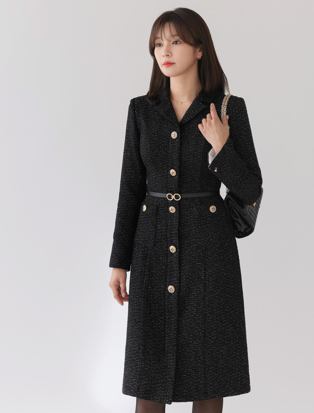 Tailored Silhouette Tweed Dress with Cufflink Detail