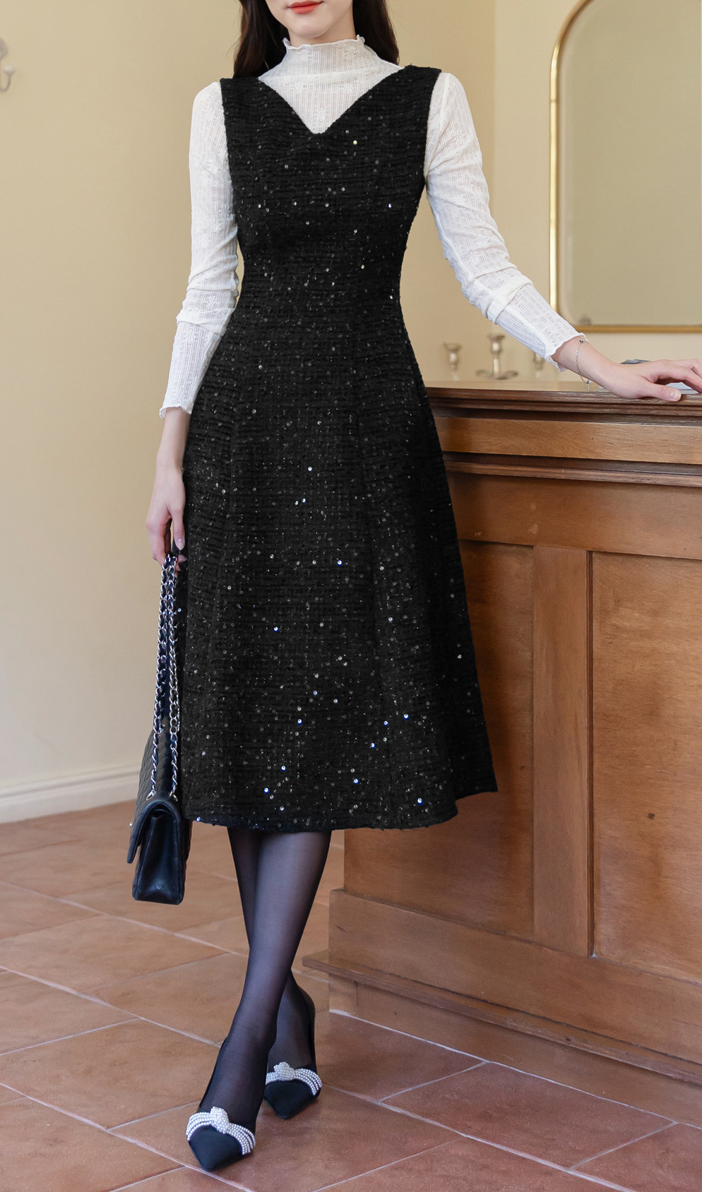 Sequin Tweed Sleeveless Dress with Wide Shoulders and Subtle Shine