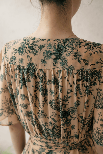 Back view of floral goddess-inspired wrap dress with wing sleeves, featuring elegant green patterns on a beige background.