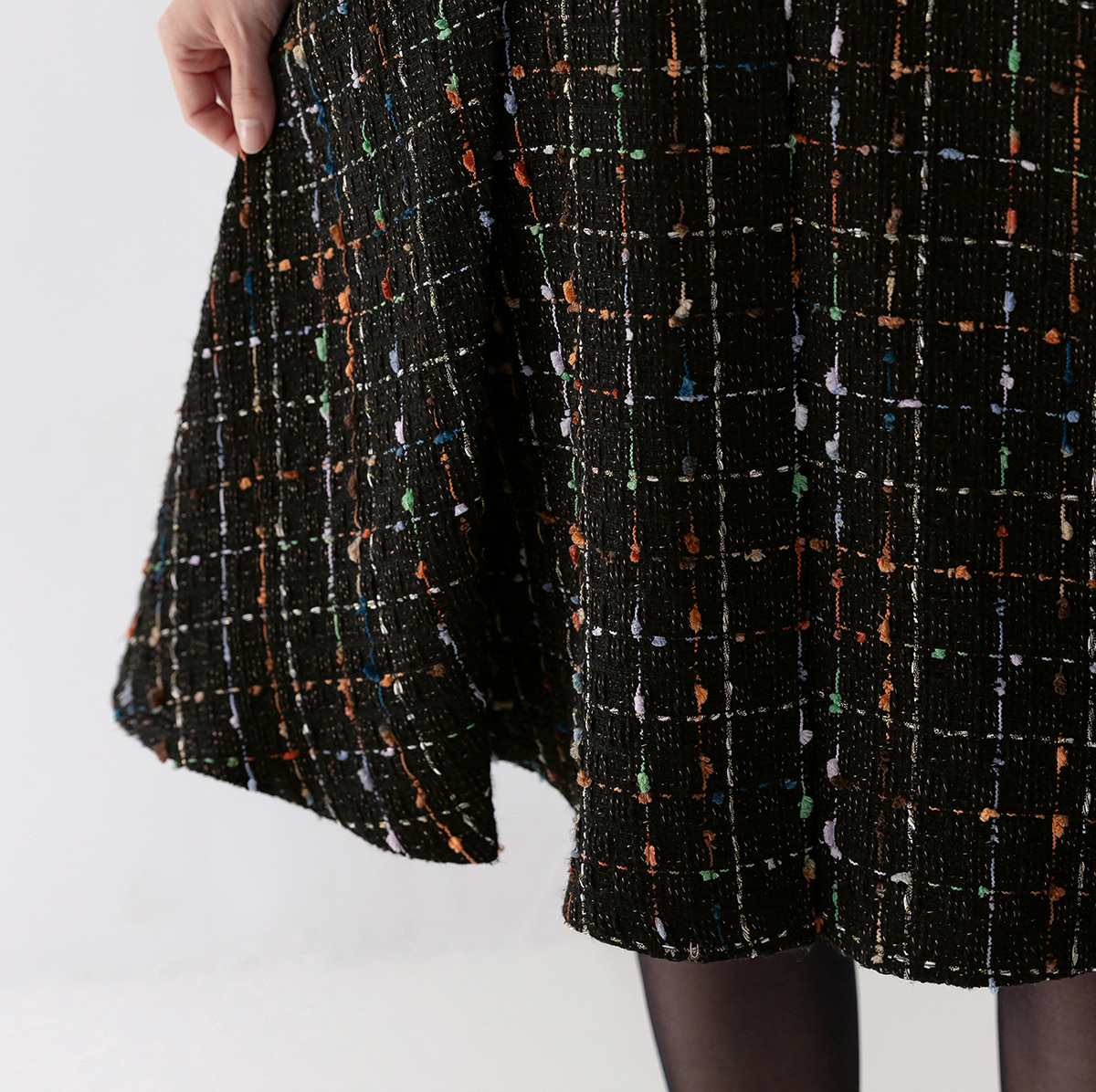 Elegant Tweed Flare Dress with Belted Waist and Gold‑Thread Detail