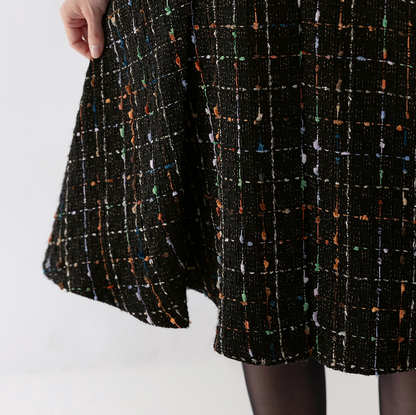 Elegant Tweed Flare Dress with Belted Waist and Gold‑Thread Detail