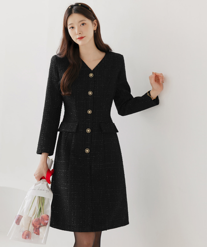 Pearl-Mix Tweed A-Line Dress with V-Neck and Decorative Flap Pockets