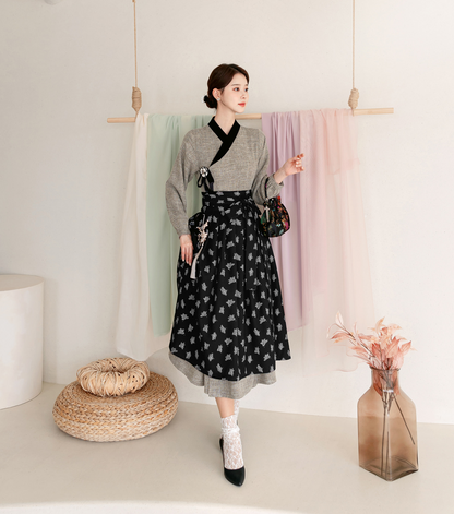 Patterned Black Modern Hanbok Wrap Skirt