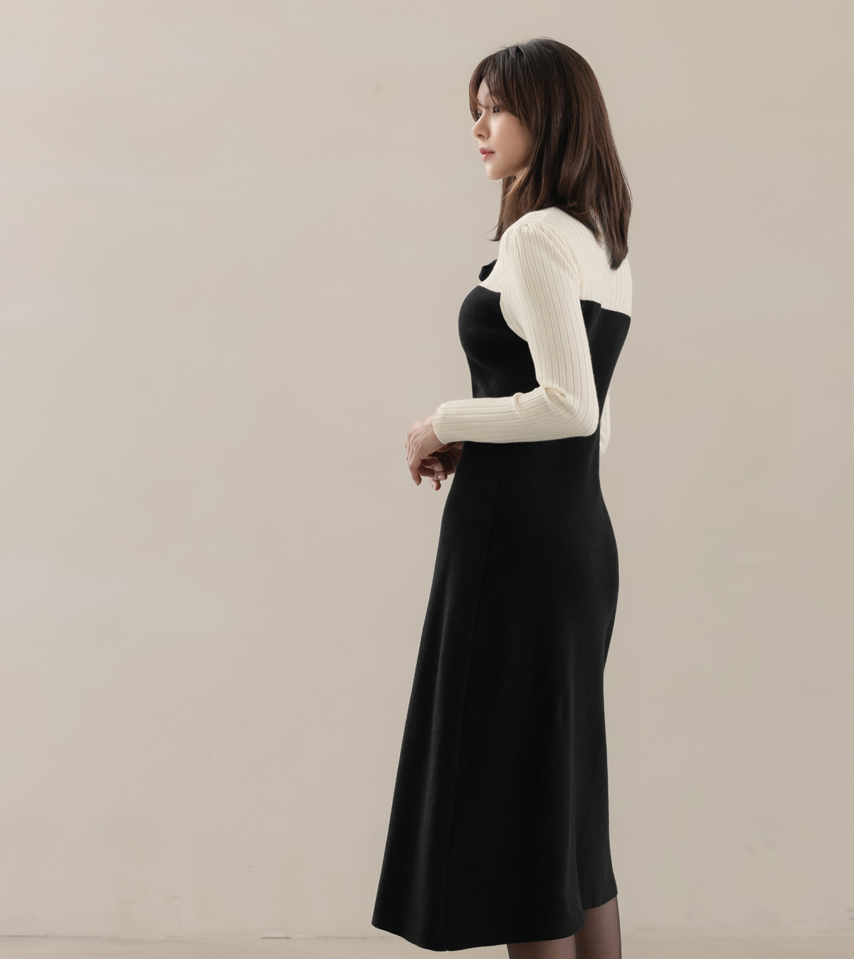 Ivory and Black Color-Blocked Knit Dress