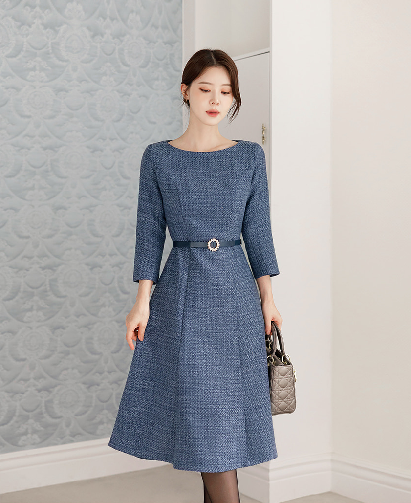 Feminine Boat Neck Blue Tweed Flare Dress with Belt