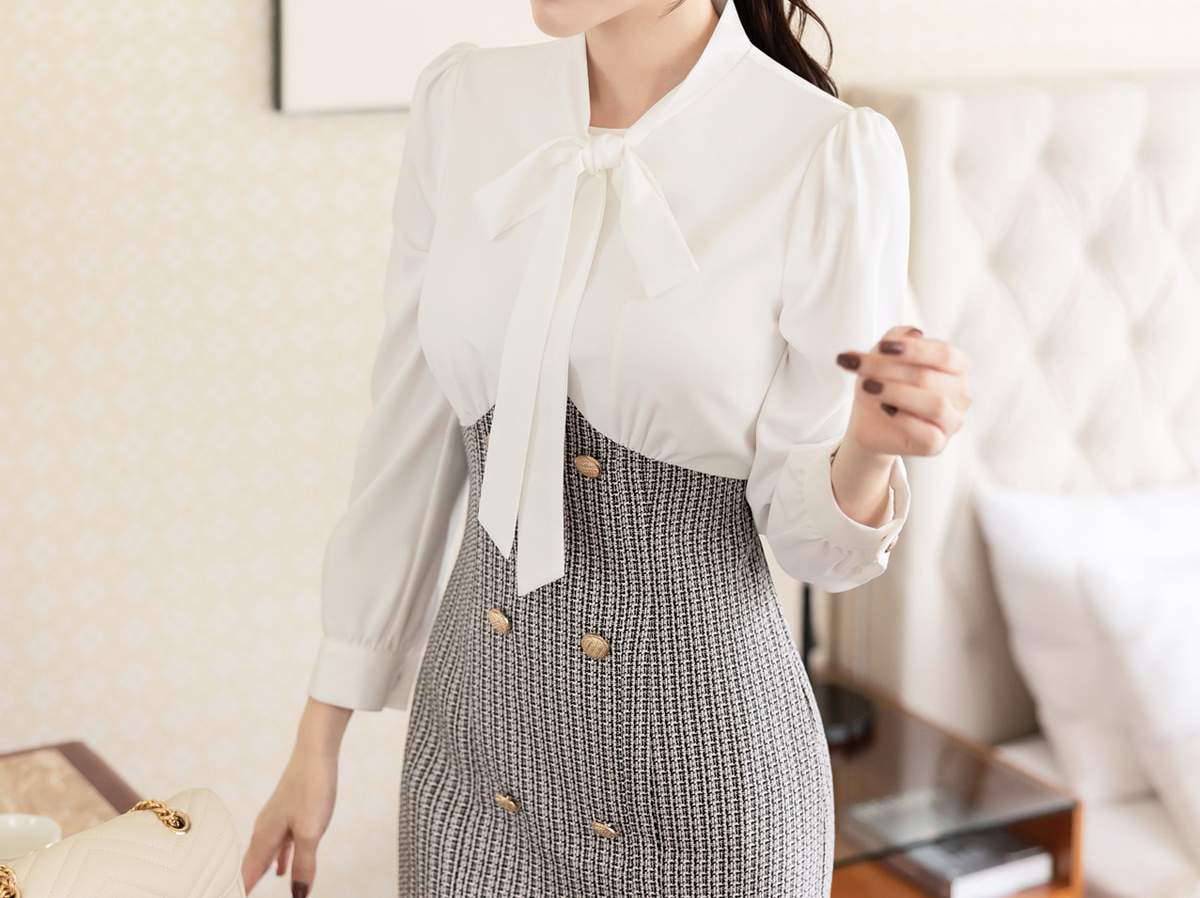 Tie-Neckline Blouse Layered Tweed Dress