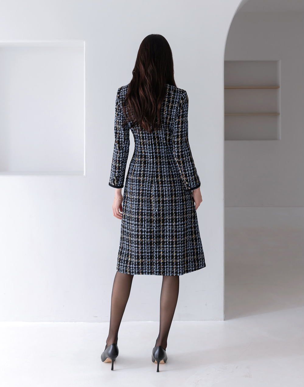 Elegant Contrast Tweed Dress Black