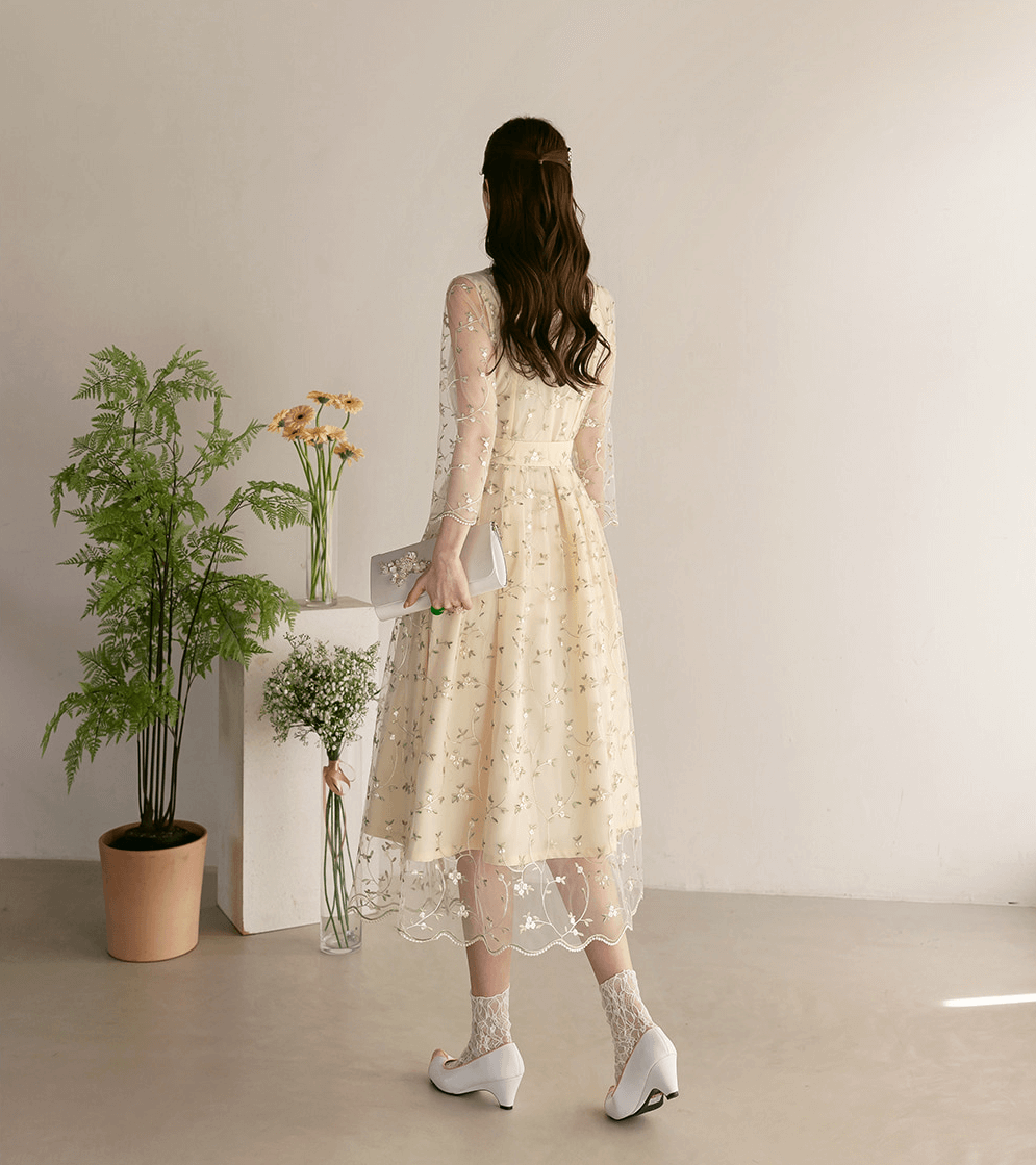 Floral Embroidered Lace Modern Wrap Hanbok Dress with a Romantic Touch
