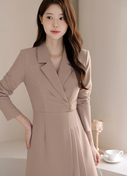 Half Pleated Midi Dress with Waist Button Detail – Elegant Korean Formal Dress for Special Occasions