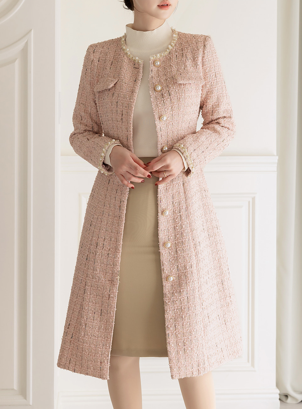 Elegant Long Tweed Jacket with Pearl Trimming