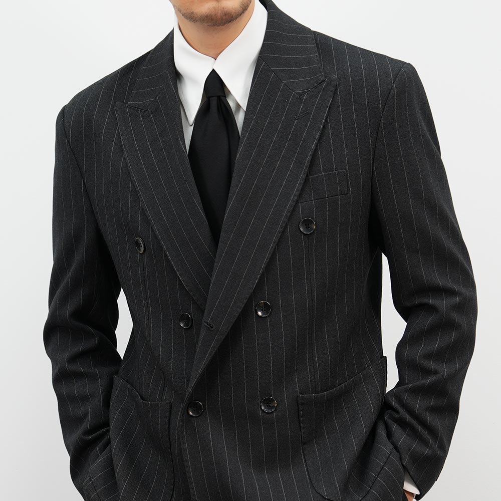 Charcoal Gray Wool Striped Double Suit Jacket